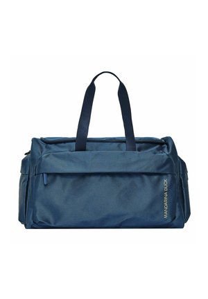 Borsa da viaggio blu navy realizzata in materiale testurizzato, con due manici robusti, chiusura con zip e tasca frontale con dettagli di branding.