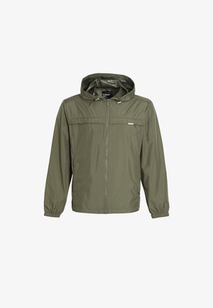 Olivengrüne, leichte Jacke mit Kapuze, durchgehendem Reißverschluss, elastischen Bündchen und einer horizontalen Brusttasche. Glattes, wasserabweisendes Material.