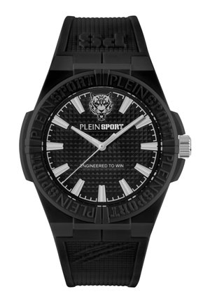 Schwarze Plein Sport Armbanduhr mit strukturiertem Zifferblatt, silbernen Stundenmarkierungen und Zeigern, Tiger-Logo und "Engineered to Win" Text, schwarzes Kautschukarmband.