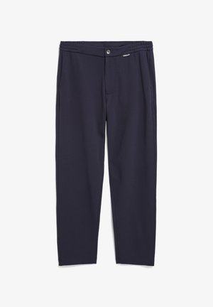 Navyblaue Jogginghose mit elastischem Bund, Fronttaschen und Knopfverschluss; aus weichem, glattem Material mit lockerer Passform.
