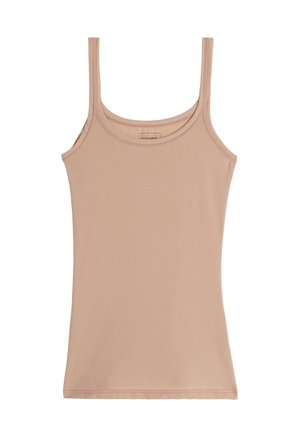 Canotta color nude con spalline sottili, realizzata in un morbido tessuto misto cotone. Presenta un collo rotondo e una silhouette aderente.
