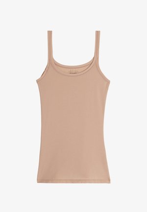 Nádržkový top v tělové barvě s úzkými ramínky, vyrobený z měkké bavlněné směsi. Má kulatý výstřih a přiléhavý střih.