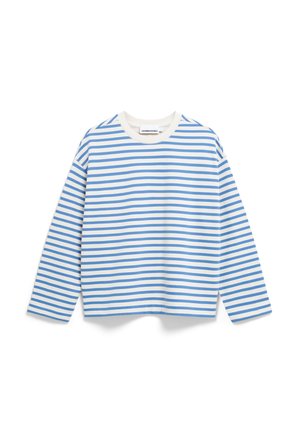 Maglia a maniche lunghe blu e bianca a righe con scollatura rotonda. Realizzata in tessuto morbido, presenta una vestibilità rilassata e spacchi laterali all'orlo.
