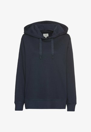 Dunkelblauer Kapuzenpullover mit einer großen, verstellbaren Kapuze, langen Ärmeln und gerippten Bündchen und Saum. Aus weichem, strukturiertem Stoff gefertigt.