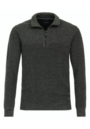 Dunkelgrauer Pullover mit einem Viertel-Reißverschluss-Kragen, strukturiertem oberen Bereich, gerippten Bündchen und einem kleinen Markenetikett am unteren linken Saum.