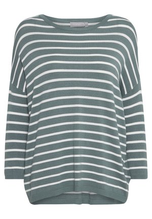 Gestreifter Pullover in gedämpftem Grün und Weiß. Mit weitem Ausschnitt, langen Ärmeln und lockerem Schnitt mit leicht abgerundetem Saum. Weiche Textur.