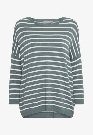 Gestreifter Pullover in gedämpftem Grün und Weiß. Mit weitem Ausschnitt, langen Ärmeln und lockerem Schnitt mit leicht abgerundetem Saum. Weiche Textur.