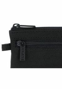 Black zippered pouch made of smooth material with a rectangular shape, featuring a plastic zipper and stitched accents along the edges.