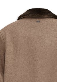 Brown wool coat featuring a faux fur collar, smooth texture, and a label at the neck. The design is simple with no visible fastenings.