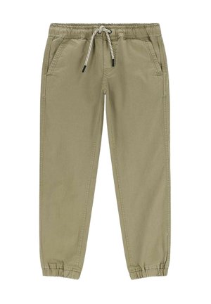 Pantalons vert olive clair, fabriqués en tissu doux, avec une taille élastique dotée d'un cordon de serrage et des poignets élastiques, comprenant des poches latérales.