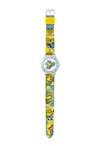Polshorloge met een zilveren kast, witte wijzerplaat en een kleurrijke blauwe en gele siliconen band met cartoons. 