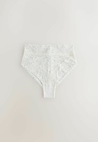 White high-waist lace underwear with floral patterns, scalloped edges, and a smooth gusset, laid flat on a light surface.