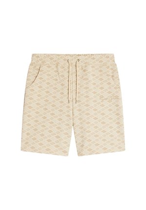 Shorts beiges avec un motif géométrique, taille élastique et cordon de serrage, dotés de poches latérales et d'un logo discret.