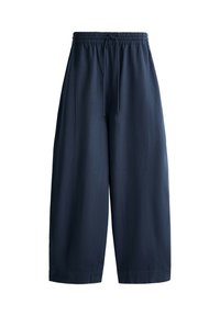Pantalon bleu marine à larges jambes avec taille élastique et cordon, fabriqué dans un tissu léger, adapté à un usage décontracté.