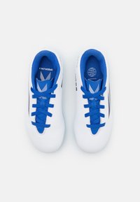 Pair of white sports shoes with blue laces and lining, viewed from above on a plain white background.