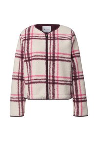 Veste polaire avec base crème et motif à carreaux rose et violet, col rond, manches longues et fermeture éclair à l'avant.