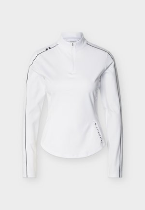 Bijela sportska majica s dugim rukavima s četvrtastim patentnim zatvaračem, crnim obrubom duž ramena i rukava te suptilnim logotipom blizu lijevog ruba.