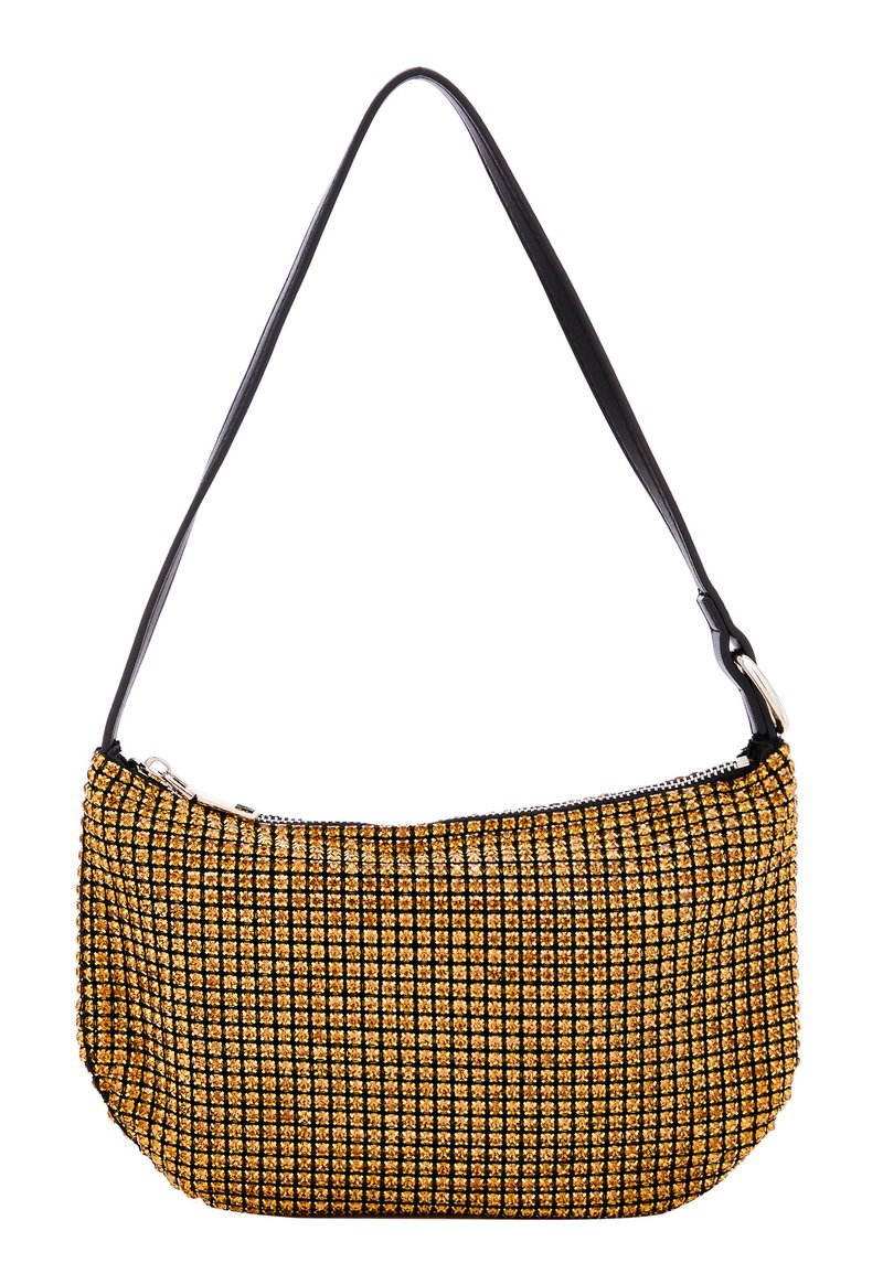 Sort og guld perle håndtaske med en buet silhuet, enkelt sort skulderrem og lynlås lukning. Har et gittermønster af guldperler.
