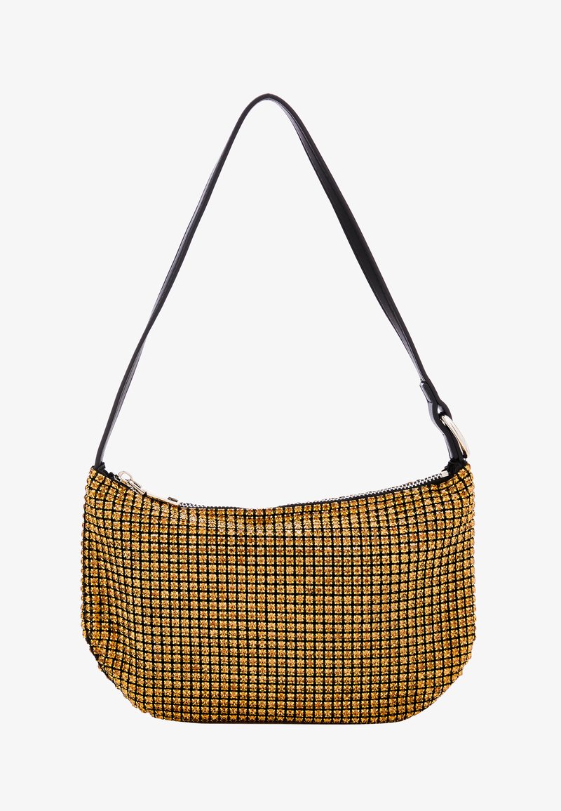 Sort og guld perle håndtaske med en buet silhuet, enkelt sort skulderrem og lynlås lukning. Har et gittermønster af guldperler.