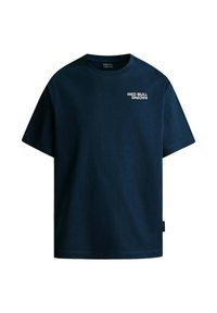 Marineblauwe katoenen T-shirt met korte mouwen, ronde halslijn en "RED BULL RACING" in het wit op de borst gedrukt. Standaard pasvorm.