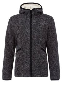 Sudadera con capucha de cierre con cremallera en gris oscuro texturizado, con ribete negro y forro de forro polar crema en el interior de la capucha y los bolsillos frontales.