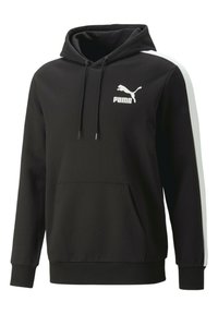 Felpa nera con tasca a marsupio, coulisse regolabile e pannelli laterali bianchi. Presenta un logo Puma bianco sul petto.