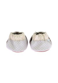 Baby sloffen in grijs met witte stippen, gemaakt van zacht leer, met een gestructureerde gouden elastische bovenkant en een flexibele zool voor comfort.
