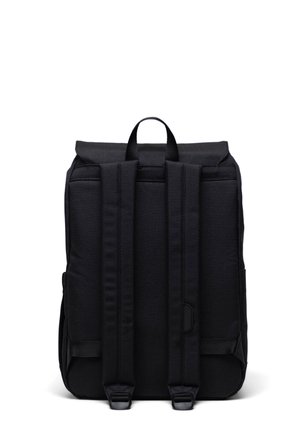Black backpack made of sturdy fabric, featuring a roll-top, adjustable straps, two side pockets, and minimalistic design.
