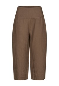 Bruine linnen shorts met een hoge elastische tailleband, rechte snit en zijzakken. De stof heeft een lichte structuur en is ademend.