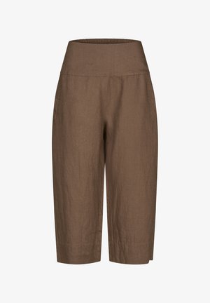 Braune Leinen-Shorts mit einem hohen elastischen Bund, geradem Schnitt und Seitentaschen. Die Textur ist leicht strukturiert und atmungsaktiv.