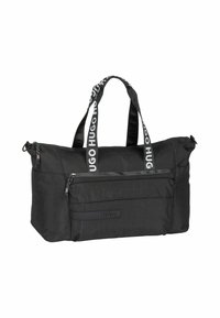 Borsa a tracolla nera realizzata in materiale nylon, dotata di due manici con design del logo, una tasca frontale con zip e una superficie testurizzata.