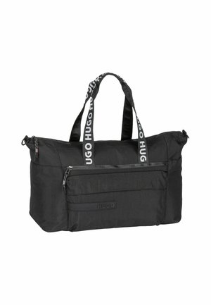 Borsa a tracolla nera realizzata in materiale nylon, dotata di due manici con design del logo, una tasca frontale con zip e una superficie testurizzata.