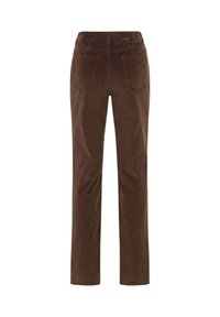 Pantaloni in corduroy marroni a gamba dritta con due tasche posteriori e passanti per cintura, mostrati da dietro su uno sfondo bianco.