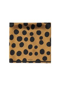 Brown fabric with irregular black polka dots, folded neatly with a small printed brand name near the bottom edge.