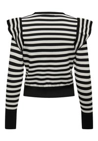 Pull à manches longues à rayures horizontales noir et blanc avec larges volants aux épaules et poignets et ourlet noirs unis.