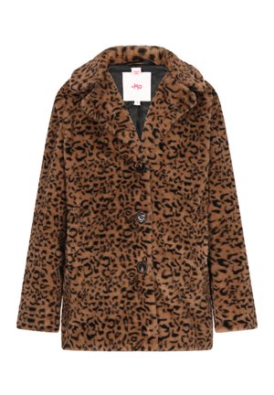 Leopard print faux fur coat featuring a collared neckline, button closure, two side pockets, and a soft texture in shades of brown and black.
