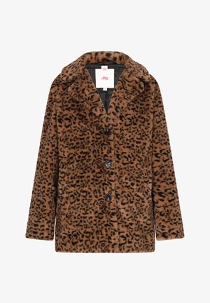 Leopardprint nepbontjas met een kraag, knoopsluiting, twee zijzakken en een zachte textuur in bruin- en zwarte tinten.