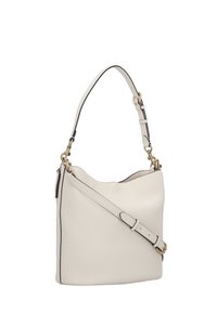 Light beige leather handbag with a soft, textured finish. Features a shorter strap and a longer adjustable strap, gold-tone hardware, and contrast edging.