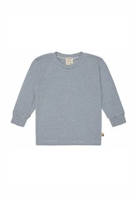 Camicia a maniche lunghe in cotone a righe blu navy e bianco. Presenta un colletto rotondo e una piccola etichetta multicolore all'orlo.