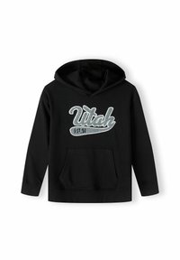 Felpa nera con cappuccio e tasca frontale, caratterizzata da una grafica ricamata in argento "Utah" e "EST. 97" in un font stilizzato. Tessuto morbido.