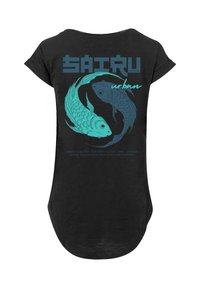 Black T-shirt featuring turquoise koi fish graphic, bold text reading "SAITRU urban," and additional text below the design. Casual fit.