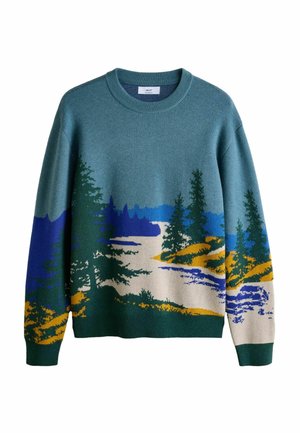 Knitted sweater with a blue, green, yellow, and white landscape design featuring trees, a river, and hills.