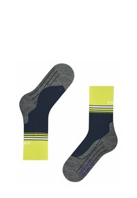 Szare i granatowe skarpetki z żółtymi akcentami i paskami, oznaczone literą 'R' na jednej skarpetce dla identyfikacji prawej nogi.