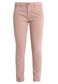 Světlé růžové slim-fit kalhoty vyrobené z bavlny, se zipem, knoflíkovým zapínáním a bočními kapsami. Mají hladkou strukturu a jednoduchý design.
