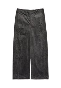 Pantalones de pierna ancha de pana gris con una superficie texturizada, que cuentan con bolsillos laterales y una cinturilla suave.