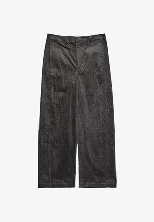Pelēkas korduroja platās kājas bikses ar tekstūru, kas aprīkotas ar sānu kabatām un gludu jostasvietu.