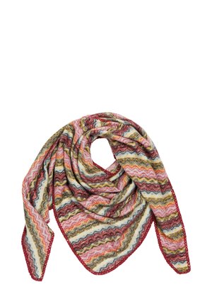 Woven shawl in multicolored zigzag pattern; features shades of pink, red, yellow, and green; finished with a red crocheted edge.