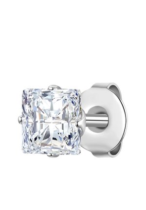 Earring featuring a large, clear, rectangular crystal set in silver metal. The design includes a circular post backing and polished finish.