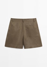 Brown fabric shorts with belt loops and two large back pockets laid flat on a white background.