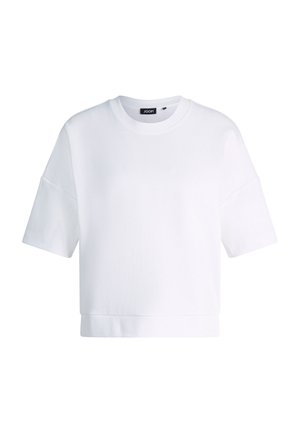 Biała, krótka bluza z krótkim rękawem, z okrągłym dekoltem i czarną metką "JOOP!" wewnątrz kołnierza.